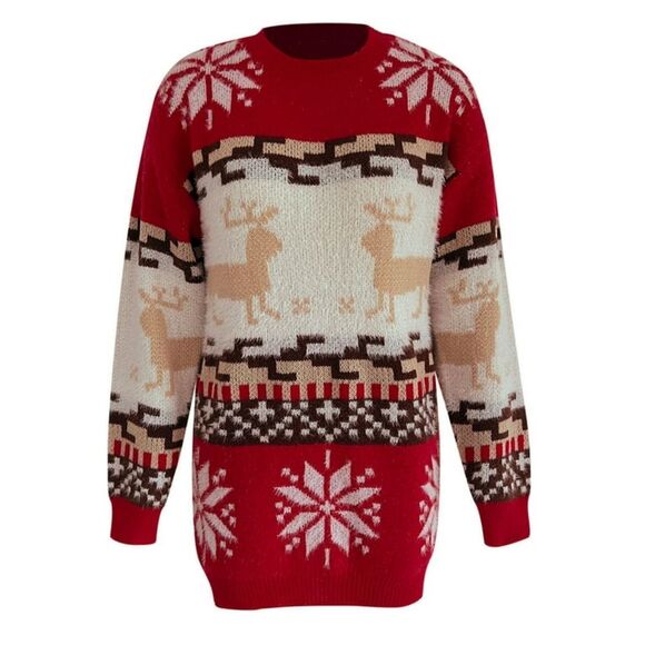 NEW Women's Red Snowflake Print Crewneck Sweater Dress Reindeer Winter, Size S - Picture 2 of 8